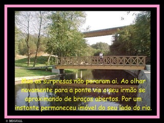 Mas as surpresas não pararam ai. Ao olhar novamente para a ponte viu o seu irmão se aproximando de braços abertos. Por um instante permaneceu imóvel do seu lado do rio. 