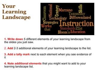 Your  Learning Landscape 1. Write down  5 different elements of your learning landscape from the slides you just saw.   2.  Add  2-3 additional elements of your learning landscape to the list.   3. Add a tally mark  next to each element when you see evidence of it   4. Note additional elements  that you might want to add to your learning landscape list.   