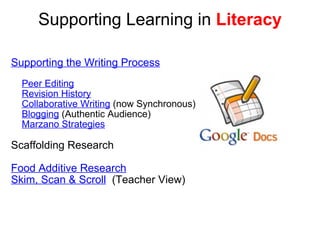 Supporting Learning in  Literacy Supporting the Writing Process          Peer Editing      Revision History      Collaborative Writing  (now Synchronous)      Blogging  (Authentic Audience)       Marzano Strategies      Scaffolding Research   Food Additive Research Skim, Scan & Scroll   (Teacher View)    