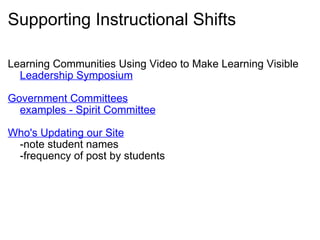 Supporting Instructional Shifts Learning Communities Using Video to Make Learning Visible      Leadership Symposium   Government Committees      examples - Spirit Committee   Who's Updating our Site      -note student names      -frequency of post by students   
