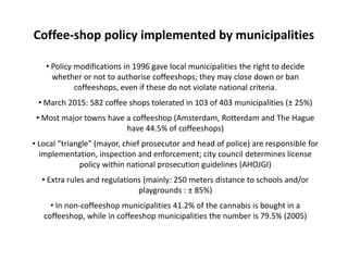 Coffee-shop policy implemented by municipalities
• Policy modifications in 1996 gave local municipalities the right to dec...