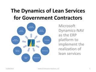 The Dynamics of Lean Services
for Government Contractors
Microsoft
Dynamics-NAV
as the ERP
platform to
implement the
realization of
lean services
Financial
Management
Sales &
Marketing
Purchasing
Warehousing
Manufacturing
Projects
(Jobs)
Resource
Planning
Service
Management
Human
Resources
Federal Contractor Solutions, LLC11/04/2014 1
 
