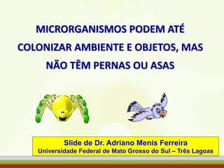 MICRORGANISMOS PODEM ATÉ
COLONIZAR AMBIENTE E OBJETOS, MAS
NÃO TÊM PERNAS OU ASAS
Slide de Dr. Adriano Menis Ferreira
Universidade Federal de Mato Grosso do Sul – Três Lagoas
 