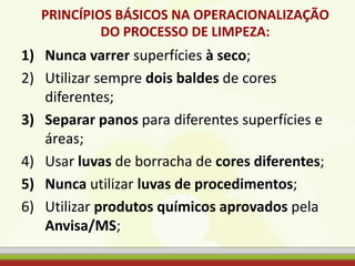 1) Nunca varrer superfícies à seco;
2) Utilizar sempre dois baldes de cores
diferentes;
3) Separar panos para diferentes superfícies e
áreas;
4) Usar luvas de borracha de cores diferentes;
5) Nunca utilizar luvas de procedimentos;
6) Utilizar produtos químicos aprovados pela
Anvisa/MS;
PRINCÍPIOS BÁSICOS NA OPERACIONALIZAÇÃO
DO PROCESSO DE LIMPEZA:
 