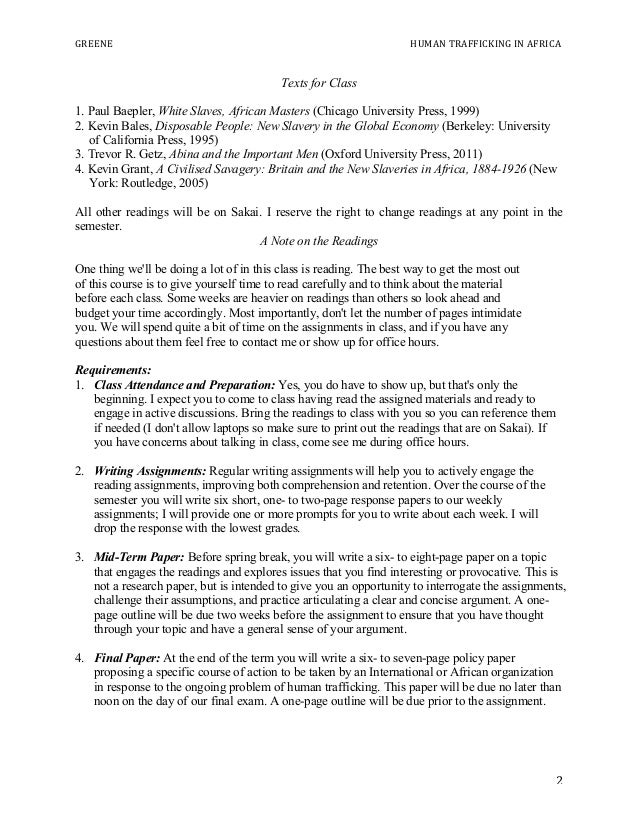 Outline for essay on human trafficking