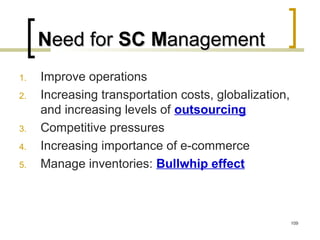 1. Improve operations
2. Increasing transportation costs, globalization,
and increasing levels of outsourcing
3. Competitive pressures
4. Increasing importance of e-commerce
5. Manage inventories: Bullwhip effect
NNeed foreed for SCSC MManagementanagement
109
 
