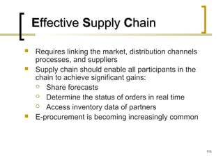 EEffectiveffective SSupplyupply CChainhain
 Requires linking the market, distribution channels
processes, and suppliers
 Supply chain should enable all participants in the
chain to achieve significant gains:
 Share forecasts
 Determine the status of orders in real time
 Access inventory data of partners
 E-procurement is becoming increasingly common
115
 