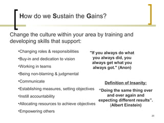 Change the culture within your area by training and
developing skills that support:
How do we Sustain the Gains?
•Changing roles & responsibilities
•Buy-in and dedication to vision
•Working in teams
•Being non-blaming & judgmental
•Communicate
•Establishing measures, setting objectives
•Instill accountability
•Allocating resources to achieve objectives
•Empowering others
"If you always do what
you always did, you
always get what you
always got." (Anon)
Definition of Insanity:
“Doing the same thing over
and over again and
expecting different results”.
(Albert Einstein)
20
 