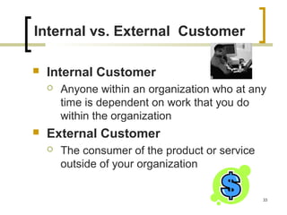 Internal vs. External Customer
 Internal Customer
 Anyone within an organization who at any
time is dependent on work that you do
within the organization
 External Customer
 The consumer of the product or service
outside of your organization
33
 