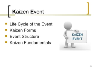 Kaizen Event
 Life Cycle of the Event
 Kaizen Forms
 Event Structure
 Kaizen Fundamentals
51
 