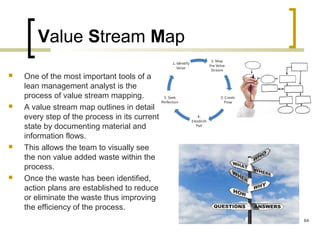 Value Stream Map
 One of the most important tools of a
lean management analyst is the
process of value stream mapping.
 A value stream map outlines in detail
every step of the process in its current
state by documenting material and
information flows.
 This allows the team to visually see
the non value added waste within the
process.
 Once the waste has been identified,
action plans are established to reduce
or eliminate the waste thus improving
the efficiency of the process.
64
 