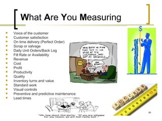 What Are You Measuring
 Voice of the customer
 Customer satisfaction
 On time delivery (Perfect Order)
 Scrap or salvage
 Daily Unit Orders/Back Log
 Fill Rate or Availability
 Revenue
 Cost
 Profit
 Productivity
 Quality
 Inventory turns and value
 Standard work
 Visual controls
 Preventive and predictive maintenance
 Lead times
88
 