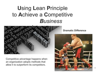 Using Lean Principle
to Achieve a Competitive
Business
Advantage
9
Competitive advantage happens when
an organization adopts methods that
allow it to outperform its competitors.
Dramatic Difference
 
