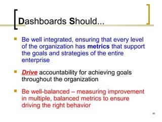 Dashboards Should...
 Be well integrated, ensuring that every level
of the organization has metrics that support
the goals and strategies of the entire
enterprise
 Drive accountability for achieving goals
throughout the organization
 Be well-balanced – measuring improvement
in multiple, balanced metrics to ensure
driving the right behavior
96
 