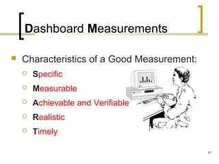 Dashboard Measurements
 Characteristics of a Good Measurement:
 Specific
 Measurable
 Achievable and Verifiable
 Realistic
 Timely
97
 