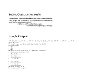 Construct the Transition Table from the list of DFA Transitions:
TransTable = new int[number of DFA States][length of the Alphabet];
while(!dfaTransitionStack.empty()){
int[] trans = dfaTransitionStack.pop();
TransTable [trans[0]][trans[1]] = trans[2];
}
Subset Construction con’t:
Sample Output:
 