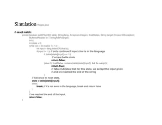 Simulation Regex.java
// exact match:
private boolean eatDFA(int[][] table, String lang, ArrayList<Integer> finalStates, String target) throws IOException{
BufferedReader br = stringToBR(target);
int c;
int state = 0;
while (((c = br.read()) != -1)) {
int input = lang.indexOf((char)c);
if(input != -1){ // only continue if input char is in the language
if (table[state][input] == -1){
// unreachable state
return false;
}else if ( finalStates.contains(table[state][input]) && !br.ready()){
return true;
// Table indicates that for this state, we accept the input given
// and we reached the end of the string
}
// Advance to next state.
state = table[state][input];
}else{
break; // it’s not even in the language, break and return false
}
}
// we reached the end of the input,
return false;
}
 