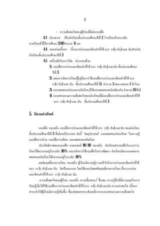 ฏ
- ความพึงพอใจของผูเรียนที่มีตอแบบฝก
4.3 ประชากร เปนนักเรียนชั้นประถมศึกษาปที่ 3 โรงเรียนบานบางจัน
ภาคเรียนที่ 2 ปการศึกษา 2549จํานวน 8 คน
4.4 ขอบขายเนื้อหา เรื่องการอานและเขียนคําที่ใช บรร รร(ร หัน) และ บันสําหรับ
นักเรียนชั้นประถมศึกษาปที่3
4.5 เครื่องมือในการวิจัย ประกอบดวย
1) แบบฝกการอานและเขียนคําที่ใช บรร รร(ร หัน) และบัน ชั้นประถมศึกษา
ปที่ 3
2) แผนการจัดการเรียนรู( คูมือการใชแบบฝกการอานและเขียนคําที่ใช บรร
รร(ร หัน) และ บัน ชั้นประถมศึกษาปที่ 3) จํานวน 5 แผน แผนละ 1 ชั่วโมง
3) แบบทดสอบกอนและหลังเรียน (ใชแบบทดสอบฉบับเดียวกัน จํานวน 10ขอ)
4) แบบสอบถามความพึงพอใจของนักเรียนที่มีแบบฝกการอานและเขียนคําที่ใช
บรร รร(ร หัน) และ บัน ชั้นประถมศึกษาปที่ 3
5. นิยามคําศัพท
แบบฝก หมายถึง แบบฝกการอานและเขียนคําที่ใช บรร รร(ร หัน) และบัน ของนักเรียน
ชั้นประถมศึกษาปที่ 3 ซึ่งมีองคประกอบ ดังนี้ วัตถุประสงค แบบทดสอบกอนเรียน ใบความรู
แบบฝกการอาน แบบฝกการเขียน แบบทดสอบหลังเรียน
ประสิทธิภาพของแบบฝก ตามเกณฑ 80 / 80 หมายถึง นักเรียนทําแบบฝกในระหวาง
เรียนไดคะแนนอยูในระดับ 80 % และหลังการใชแบบฝกในการพัฒนา นักเรียนมีคะแนนผลการ
ทดสอบหลังเรียนไดคะแนนอยูในระดับ 80 %
ผลสัมฤทธิ์ทางการเรียน หมายถึง ผูเรียนมีความรูความเขาใจในการอานและเขียนคําที่ใช
บรร รร (ร หัน) และ บัน วัดเปนคะแนน โดยใชแบบวัดผลสัมฤทธิ์ทางการเรียน เรื่อง การอาน
และเขียนคําที่ใช บรร รร (ร หัน) และ บัน
ความพึงพอใจของผูเรียน หมายถึง ความชื่นชอบ / ชื่นชม ความรูสึกที่มีความสุขในการ
เรียนรูเมื่อไดใชแบบฝกการอานและเขียนคําที่ใช บรร รร(ร หัน) และบัน ความนาสนใจ เนื้อหา
สาระทําใหผูเรียนมีความรูเพิ่มขึ้น ซึ่งแปลผลจากระดับเฉลี่ย จากแบบสอบถามความพึงพอใจ
 