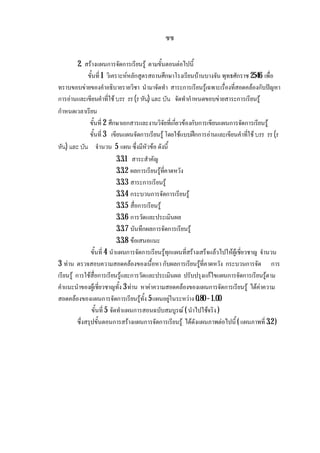 ซซ
2. สรางแผนการจัดการเรียนรู ตามขั้นตอนตอไปนี้
ขั้นที่ 1 วิเคราะหหลักสูตรสถานศึกษาโรงเรียนบานบางจัน พุทธศักราช 2546 เพื่อ
ทราบขอบขายของคําอธิบายรายวิชา นํามาจัดทํา สาระการเรียนรูเฉพาะเรื่องที่สอดคลองกับปญหา
การอานและเขียนคําที่ใชบรร รร (ร หัน) และ บัน จัดทํากําหนดขอบขายสาระการเรียนรู
กําหนดเวลาเรียน
ขั้นที่ 2 ศึกษาเอกสารและงานวิจัยที่เกี่ยวของกับการเขียนแผนการจัดการเรียนรู
ขั้นที่ 3 เขียนแผนจัดการเรียนรู โดยใชแบบฝกการอานและเขียนคําที่ใช บรร รร (ร
หัน) และ บัน จํานวน 5 แผน ซึ่งมีหัวขอ ดังนี้
3.3.1 สาระสําคัญ
3.3.2 ผลการเรียนรูที่คาดหวัง
3.3.3 สาระการเรียนรู
3.3.4 กระบวนการจัดการเรียนรู
3.3.5 สื่อการเรียนรู
3.3.6 การวัดและประเมินผล
3.3.7 บันทึกผลการจัดการเรียนรู
3.3.8 ขอเสนอแนะ
ขั้นที่ 4 นําแผนการจัดการเรียนรูทุกแผนที่สรางเสร็จแลวไปใหผูเชี่ยวชาญ จํานวน
3 ทาน ตรวจสอบความสอดคลองของเนื้อหา กับผลการเรียนรูที่คาดหวัง กระบวนการจัด การ
เรียนรู การใชสื่อการเรียนรูและการวัดและประเมินผล ปรับปรุงแกไขแผนการจัดการเรียนรูตาม
คําแนะนําของผูเชี่ยวชาญทั้ง 3 ทาน หาคาความสอดคลองของแผนการจัดการเรียนรู ไดคาความ
สอดคลองของแผนการจัดการเรียนรูทั้ง 5 แผนอยูในระหวาง 0.80 – 1.00
ขั้นที่5 จัดทําแผนการสอนฉบับสมบูรณ ( นําไปใชจริง)
ซึ่งสรุปขั้นตอนการสรางแผนการจัดการเรียนรู ไดดังแผนภาพตอไปนี้ ( แผนภาพที่ 3.2 )
 