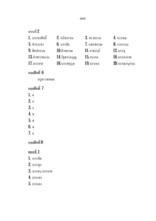 ดดด
ตอนที่ 2
1. บรรดาศักดิ์ 2. อนิจกรรม 3. ทรงธรรม 4. บรรทม
5. จํานรรจา 6. บรรลัย 7. แพรพรรณ 8. เวรกรรม
9. ศิลปกรรม 10. ผิวพรรณ 11. อาธรรม 12. บรรจุ
13. คําสรรพนาม 14. รัฐธรรมนูญ 15. บรรจง 16. บรรยากาศ
17. บรรยาย 18. บรรพบุรุษ 19. บรรเลง 20. บรรณานุกรม
แบบฝกที่ 6
ครูตรวจเฉลย
แบบฝกที่ 7
1. ค
2. ก
3. ง
4. ข
5. ช
6. ฉ
7. จ
แบบฝกที่ 8
ตอนที่ 1
1. บรรทัด
2. บรรทุก
3. บรรดา, บรรยาย
4. บรรเทา
5. บรรเลง
 