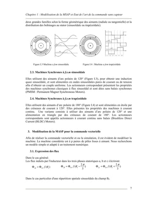 Chapitre 1 : Modélisation de la MSAP et Etat de l’art de la commande sans capteur
7
deux grandes familles selon la forme géométrique des aimants (radiale ou tangentielle) et la
distribution des bobinages au stator (sinusoïdale ou trapézoïdale).
Figure I.3 Machine a fem sinusoïdale Figure I.4 : Machine a fem trapézoïdale
2.3. Machines Synchrones à f.e.m sinusoïdale
Elles utilisent des aimants d’arc polaire de 120° (Figure I.3), pour obtenir une induction
quasi sinusoïdale, et sont alimentées en ondes sinusoïdales pures de courant ou de tension
afin d’obtenir un couple uniforme. Les actionneurs correspondant présentent les propriétés
des machines synchrones classiques à flux sinusoïdal et sont dites sans balais synchrones
(PMSM : Permanent Magnet Synchronous Motors).
2.4. Machines Synchrones à f.e.m trapézoïdale
Elles utilisent des aimants d’arc polaire de 180° (Figure I.4) et sont alimentées en étoile par
des créneaux de courant à 120°. Elles présentes les propriétés des machines à courant
continu. Une variante consiste à utiliser des aimants d’arc polaire de 120° et une
alimentation en triangle par des créneaux de courant de 180°. Les actionneurs
correspondants sont appelés actionneurs à courant continu sans balais (Brushless Direct
Current (BLDC) Motors).
3. Modélisation de la MASP pour la commande vectorielle
Afin de réaliser la commande vectorielle et ou la simulation, il est évident de modéliser la
machine. La machine considérée est à p paires de pôles lisses à aimant. Nous recherchons
un modèle simple et adapté à un traitement numérique.
3.1. Expression des flux
Dans le cas général:
Les flux induits par l'inducteur dans les trois phases statoriques a, b et c s'écriront:
m. ( )fa ef θΦ = Φ m
2.
. ( )
3
fb ef
π
θΦ = Φ − m
2.
. ( )
3
fc ef
π
θΦ = Φ +
Dans le cas particulier d'une répartition spatiale sinusoïdale du champ Bf.
 