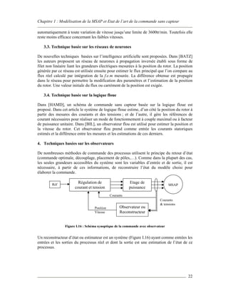 Chapitre 1 : Modélisation de la MSAP et Etat de l’art de la commande sans capteur
22
automatiquement à toute variation de vitesse jusqu’une limite de 3600tr/min. Toutefois elle
reste moins efficace concernant les faibles vitesses.
3.3. Technique basée sur les réseaux de neurones
De nouvelles techniques basées sur l’intelligence artificielle sont proposées. Dans [BATZ]
les auteurs proposent un réseau de neurones à propagation inversée établi sous forme de
filet non linéaire liant les grandeurs électriques mesurées à la position du rotor. La position
générée par ce réseau est utilisée ensuite pour estimer le flux principal que l’on compare au
flux réel calculé par intégration de la f.e.m mesurée. La différence obtenue est propagée
dans le réseau pour permettre la modification des paramètres et l’estimation de la position
du rotor. Une valeur initiale du flux ou carrément de la position est exigée.
3.4. Technique basée sur la logique floue
Dans [HAMD], un schéma de commande sans capteur basée sur la logique floue est
proposé. Dans cet article le système de logique floue estime, d’un côté la position du rotor à
partir des mesures des courants et des tensions ; et de l’autre, il gère les références de
courant nécessaires pour réaliser un mode de fonctionnement à couple maximal ou à facteur
de puissance unitaire. Dans [BIL], un observateur flou est utilisé pour estimer la position et
la vitesse du rotor. Cet observateur flou prend comme entrée les courants statoriques
estimés et la différence entre les mesures et les estimations de ces derniers.
4. Techniques basées sur les observateurs
De nombreuses méthodes de commande des processus utilisent le principe du retour d’état
(commande optimale, découplage, placement de pôles,…). Comme dans la plupart des cas,
les seules grandeurs accessibles du système sont les variables d’entrée et de sortie, il est
nécessaire, à partir de ces informations, de reconstruire l’état du modèle choisi pour
élaborer la commande.
Figure I.16 : Schéma synoptique de la commande avec observateur
Un reconstructeur d’état ou estimateur est un système (Figure I.16) ayant comme entrées les
entrées et les sorties du processus réel et dont la sortie est une estimation de l’état de ce
processus.
Etage de
puissance
MSAP
Régulation de
courant et tension
Observateur ou
Reconstructeur
Position
Vitesse
Courants
Courants
& tensions
Réf
 