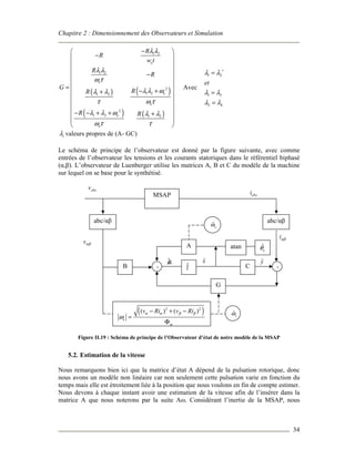 Chapitre 2 : Dimensionnement des Observateurs et Simulation
34
( ) ( )
( ) ( )
1 2
1 2
2
1 21 2
2
1 2 1 2
e
e
e
e
e
e
R
R
w t
R
R
G
RR
R R
λ λ
λ λ
ω τ
λ λ ωλ λ
τ ω τ
λ λ ω λ λ
ω τ τ
− 
− 
 
 
− 
 
=  − ++
 
 
 
− − + + + 
 
 
Avec
1 2
1 3
2 4
et
λ λ
λ λ
λ λ
∗
=
=
=
iλ valeurs propres de (A- GC)
Le schéma de principe de l’observateur est donné par la figure suivante, avec comme
entrées de l’observateur les tensions et les courants statoriques dans le référentiel biphasé
(α,β). L’observateur de Luenberger utilise les matrices A, B et C du modèle de la machine
sur lequel on se base pour le synthétisé.
Figure II.19 : Schéma de principe de l’Observateur d’état de notre modèle de la MSAP
5.2. Estimation de la vitesse
Nous remarquons bien ici que la matrice d’état A dépend de la pulsation rotorique, donc
nous avons un modèle non linéaire car non seulement cette pulsation varie en fonction du
temps mais elle est étroitement liée à la position que nous voulons en fin de compte estimer.
Nous devons à chaque instant avoir une estimation de la vitesse afin de l’insérer dans la
matrice A que nous noterons par la suite Aω. Considérant l’inertie de la MSAP, nous
abc/αβ
MSAP
abc/αβ
B
( )2 2
( ) ( )
e
m
v Ri v Riα α β β
ω
− + −
=
Φ
∫ C
A atan
++
ˆ
eθ
G
ˆeω
ˆeω
abcv
abci
vαβ
iαβ
ˆx& ˆx ˆy
 