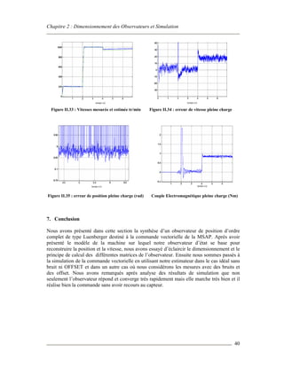Chapitre 2 : Dimensionnement des Observateurs et Simulation
40
Figure II.33 : Vitesses mesurée et estimée tr/min Figure II.34 : erreur de vitesse pleine charge
Figure II.35 : erreur de position pleine charge (rad) Couple Electromagnétique pleine charge (Nm)
7. Conclusion
Nous avons présenté dans cette section la synthèse d’un observateur de position d’ordre
complet de type Luenberger destiné à la commande vectorielle de la MSAP. Après avoir
présenté le modèle de la machine sur lequel notre observateur d’état se base pour
reconstruire la position et la vitesse, nous avons essayé d’éclaircir le dimensionnement et le
principe de calcul des différentes matrices de l’observateur. Ensuite nous sommes passés à
la simulation de la commande vectorielle en utilisant notre estimateur dans le cas idéal sans
bruit ni OFFSET et dans un autre cas où nous considérons les mesures avec des bruits et
des offset. Nous avons remarqués après analyse des résultats de simulation que non
seulement l’observateur répond et converge très rapidement mais elle marche très bien et il
réalise bien la commande sans avoir recours au capteur.
temps (s) temps (s)
temps (s)temps (s)
 
