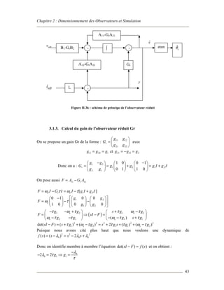 Chapitre 2 : Dimensionnement des Observateurs et Simulation
43
Figure II.36 : schéma de principe de l’observateur réduit
3.1.3. Calcul du gain de l’observateur réduit Gr
On se propose un gain Gr de la forme : 11 12
21 22
r
g g
G
g g
 
=  
 
avec
11 22 1g g g= = et 21 12 2g g g= − =
Donc on a : 1 2
1 2 1 2
2 1
1 0 0 1
0 1 1 0
r
g g
G g g g I g J
g g
− −     
= = + = +     
    
On pose aussi 11 21rF A G A= −
1 2[ ]e r eF J G I J g I g Jω τ ω τ= − = − +
1 2
1 2
0 00 1
0 01 0
e
g g
F
g g
ω τ
 −     
= − −     
      
( )1 2 1 2
2 1 2 1( )
e e
e e
g g s g g
F sI F
g g g s g
τ ω τ τ ω τ
ω τ τ ω τ τ
− − + + −   
= ⇒ − =   − − − − +   
2 2 2 2 2
1 2 1 1 2det( ) ( ) ( ) 2 ( ) ( )e esI F s g g s g s g gτ ω τ τ τ ω τ− = + + − = + + + −
Puisque nous avons cité plus haut que nous voulons une dynamique de
2 2 2
0 0 0( ) ( ) 2f s s s sλ λ λ= − = − +
Donc on identifie membre à membre l’équation det( ) ( )sI F f s− = et on obtient :
0
0 1 12 2 g g
λ
λ τ
τ
−
− = ⇒ =
∫+
GrA12-GrA22
B1-GrB2
vαβ
iαβ +
A11-GrA21
y
ˆv
ˆ
eθ
L
+ atan
 