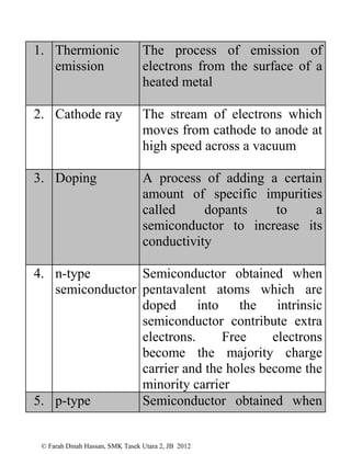 © Farah Dinah Hassan, SMK Tasek Utara 2, JB 2012
1. Thermionic
emission
The process of emission of
electrons from the surface of a
heated metal
2. Cathode ray The stream of electrons which
moves from cathode to anode at
high speed across a vacuum
3. Doping A process of adding a certain
amount of specific impurities
called dopants to a
semiconductor to increase its
conductivity
4. n-type
semiconductor
Semiconductor obtained when
pentavalent atoms which are
doped into the intrinsic
semiconductor contribute extra
electrons. Free electrons
become the majority charge
carrier and the holes become the
minority carrier
5. p-type Semiconductor obtained when
 