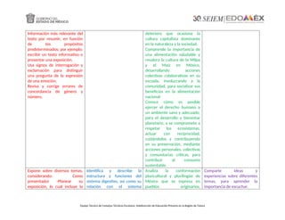 Información más relevante del
texto por resumir, en función
de los propósitos
predeterminados; por ejemplo:
escribir un texto informativo o
presentar una exposición.
Usa signos de interrogación y
exclamación para distinguir
una pregunta de la expresión
de una emoción.
Revisa y corrige errores de
concordancia de género y
número.
deterioro que ocasiona la
cultura capitalista dominante
en la naturaleza y la sociedad.
Comprende la importancia de
una alimentación saludable y
revalora la cultura de la Milpa
y el Maíz en México,
desarrollando acciones
colectivas colaborativas en su
escuela, involucrando a la
comunidad, para socializar sus
beneficios en la alimentación
nacional.
Conoce cómo es posible
ejercer el derecho humano a
un ambiente sano y adecuado,
para el desarrollo y bienestar
planetario, y se compromete a
respetar los ecosistemas,
actuar con reciprocidad,
cuidándolos y contribuyendo
en su preservación, mediante
acciones personales, colectivas
y comunitarias críticas, para
contribuir al consumo
sustentable.
Expone sobre diversos temas,
considerando: Como
presentador -Planear su
exposición, lo cual incluye la
Identifica y describe la
estructura y funciones del
sistema digestivo, así como su
relación con el sistema
Analiza la conformación
pluricultural y plurilingüe de
México que se expresa en
pueblos originarios,
Comparte ideas y
experiencias sobre diferentes
temas, para aprender la
importancia de escuchar.
Equipo Técnico de Consejos Técnicos Escolares, Subdirección de Educación Primaria en la Región de Toluca
 