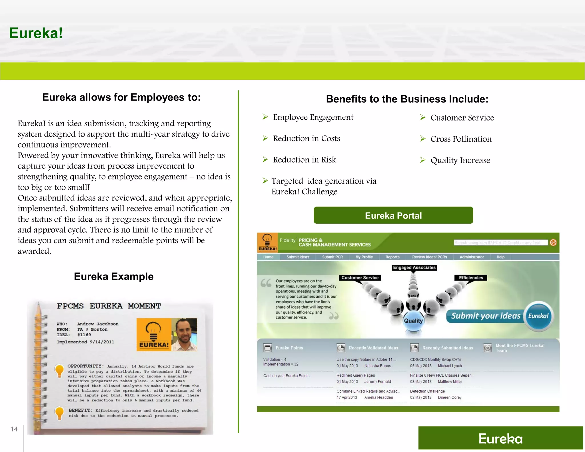 14
Eureka!
Eureka! is an idea submission, tracking and reporting
system designed to support the multi-year strategy to drive
continuous improvement.
Powered by your innovative thinking, Eureka will help us
capture your ideas from process improvement to
strengthening quality, to employee engagement – no idea is
too big or too small!
Once submitted ideas are reviewed, and when appropriate,
implemented. Submitters will receive email notification on
the status of the idea as it progresses through the review
and approval cycle. There is no limit to the number of
ideas you can submit and redeemable points will be
awarded.
Eureka allows for Employees to: Benefits to the Business Include:
 Employee Engagement
 Reduction in Costs
 Reduction in Risk
 Targeted idea generation via
Eureka! Challenge
 Customer Service
 Cross Pollination
 Quality Increase
Eureka Portal
Eureka
Eureka Example
 