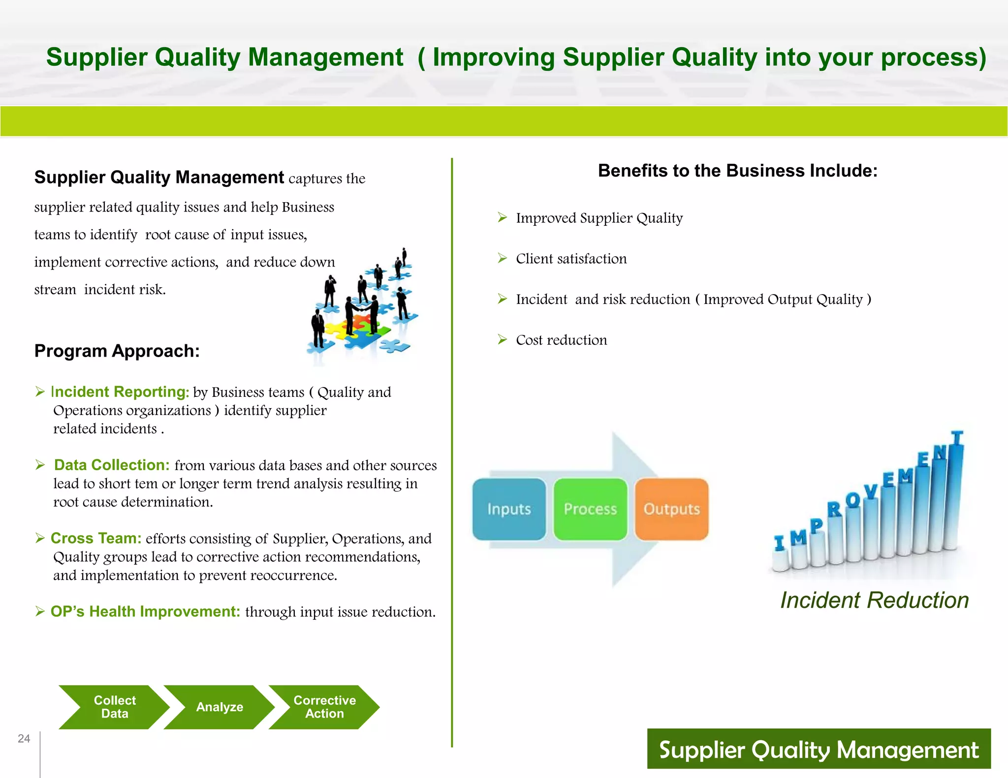 24
Supplier Quality Management ( Improving Supplier Quality into your process)
Collect
Data
Analyze
Corrective
Action
Program Approach:
 Incident Reporting: by Business teams ( Quality and
Operations organizations ) identify supplier
related incidents .
 Data Collection: from various data bases and other sources
lead to short tem or longer term trend analysis resulting in
root cause determination.
 Cross Team: efforts consisting of Supplier, Operations, and
Quality groups lead to corrective action recommendations,
and implementation to prevent reoccurrence.
 OP’s Health Improvement: through input issue reduction.
Benefits to the Business Include:
 Improved Supplier Quality
 Client satisfaction
 Incident and risk reduction ( Improved Output Quality )
 Cost reduction
Incident Reduction
Supplier Quality Management
Supplier Quality Management captures the
supplier related quality issues and help Business
teams to identify root cause of input issues,
implement corrective actions, and reduce down
stream incident risk.
 