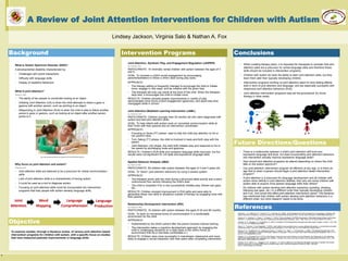 `
A Review of Joint Attention Interventions for Children with Autism
What is Autism Spectrum Disorder (ASD)?
A developmental disability characterized by:
• Challenges with social interactions
• Difficulty with language skills
• Display of repetitive behaviors
What is joint attention?
(Murray et al., 2008)
• The ability of two people to coordinate looking at an object
• Initiating Joint Attention (IJA) is when the child attempts to share a gaze or
gesture with another person, such as pointing to an object
• Responding to Joint Attention (RJA) is when the child is able to follow another
person’s gaze or gesture, such as looking at an object after another person
points to it
Why focus on joint attention and autism?
(Pickard et al., 2014)
• Joint attention skills are believed to be a precursor for verbal communication
skills
• Lack of joint attention skills is a characteristic of having autism
• It could be used as a tool to diagnose autism
• Focusing on joint attention skills could be incorporated into intervention
programs that help people with autism develop language skills.
Joint Attention, Symbolic Play, and Engagement Regulation (JASPER)
(e.g., Goods et al., 2012)
PARTICIPANTS: 15 minimally verbal children with autism between the ages of 3
and 5.
GOAL: To increase a child’s social engagement by encouraging
parents/facilitators to follow a child’s lead during play tasks.
APPROACH:
• The therapy setting is frequently changed to encourage the child to initiate
more, engage in new ways, and be creative with the given toys.
• The therapist will only use words at the level of the child. When the therapist
says less, it encourages the child to initiate more.
RESULTS: Children showed greater improvements in variety of play,
demonstrated more forms of joint engagement (gestures), and spent less time
unengaged while in school.
Joint Attention Mediated Learning Intervention (JAML)
(e.g., Schertz et al., 2013)
PARTICIPANTS: Children younger than 30 months old who were diagnosed with
autism and lack joint attention skills.
GOAL: To help infants with autism work on nonverbal communication skills at
their home with their parents and an intervention coordinator.
APPROACH:
• Focusing on faces (FF) phase- used to help the child pay attention to his or
her parent’s face.
• Turn-Taking (TT) phase- the child is involved in back-and-forth play with the
parent.
• Joint Attention (JA) phase- the child both initiates play and responds to his or
her parent by exchanging looks and gestures
RESULTS: Children’s RJA skills and receptive language skills improved, but the
results were not significant for IJA skills and expressive language skills.
Applied Behavior Analysis (ABA)
(e.g., Kasari et al., 2006)
PARTICIPANTS: 58 children with autism between the ages of 3 and 4 years old.
GOAL: To “teach” joint attention behaviors by using a reward system.
APPROACH:
• The therapist works with the child during a structured table activity and a semi-
unstructured floor activity following the child’s lead.
• The child is rewarded if he or she successfully initiates play, follows eye gaze,
etc.
RESULTS: Children showed improvement in RJA skills and were able to
generalize these new skills to situations outside of therapy by engaging more with
their parents.
Relationship Development Intervention (RDI)
(e.g., Gutstein et al., 2007)
PARTICIPANTS: 16 children with autism between the ages of 20 and 96 months.
GOAL: To work on nonverbal forms of communication in a comfortable
environment for the child.
APPROACH:
• Implemented by the child’s parent after the parent receives intense training.
• The intervention takes a cognitive development approach by engaging the
child in challenging situations on a daily basis in the child’s home (or
environment that he or she feels comfortable in.)
RESULTS: Children were more successful in mainstream classrooms and more
likely to engage in social interaction with their peers after completing intervention.
• http://www.therapycenterofbuda.com/uploads/3/9/1/4/39145783/2549270.jpg?252
Adamson, L. B., Bakeman, R., Deckner, D. F., & Romski, M. (2009). Joint Engagement and the Emergence of Language in Children with
Autism and Down Syndrome. Journal of Autism and ‘Developmental Disorders, 39(1), 84–96. http://doi.org/10.1007/s10803-008-0601-7
Goods, K. S., Ishijima, E., Chang, Y., & Kasari, C. (2012). Preschool Based JASPER Intervention in Minimally Verbal Children with Autism:
Pilot RCT. J Autism Dev Disord Journal of Autism and Developmental Disorders, 43(5), 1050-1056. doi:10.1007/s10803-012-1644-3
Gutstein, S. E., Burgess, A. F., & Montfort, K. (2007). Evaluation of the Relationship Development Intervention Program. Autism, 11(5), 397-
411. doi:10.1177/1362361307079603
Kasari, C., Freeman, S. and Paparella, T. (2006), Joint attention and symbolic play in young children with autism: a randomized controlled
intervention study. Journal of Child Psychology and Psychiatry, 47: 611–620. doi: 10.1111/j.1469-7610.2005.01567.x
Murray, D. S., Creaghead, N. A., Manning-Courtney, P., Shear, P. K., Bean, J., & Prendeville, J. (2008). The Relationship Between Joint
Attention and Language in Children With Autism Spectrum Disorders. Focus on Autism and Other Developmental Disabilities, 23(1), 5-14.
doi:10.1177/1088357607311443
Pickard, K. E., & Ingersoll, B. R. (2014). Brief Report: High and Low Level Initiations of Joint Attention, and Response to Joint Attention:
Differential Relationships with Language and Imitation. J Autism Dev Disord Journal of Autism and Developmental Disorders, 45(1), 262-
268. doi:10.1007/s10803-014-2193-8
Schertz, H. H., Odom, S. L., Baggett, K. M., & Sideris, J. H. (2013). Effects of Joint Attention Mediated Learning for toddlers with autism
spectrum disorders: An initial randomized controlled study. Early Childhood Research Quarterly, 28(2), 249-258.
doi:10.1016/j.ecresq.2012.06.006
Lindsey Jackson, Virginia Salo & Nathan A. Fox
• When creating therapy plans, it is important for therapists to consider that joint
attention skills are a precursor for verbal language skills and therefore these
skills should be included in intervention programs.
• Children with autism do have the ability to learn joint attention skills, but they
learn them later than typically developing children.
• Intervention programs working on joint attention seem to have lasting effects,
both in term of joint attention and language, and are especially successful with
responsive joint attention behaviors (RJA).
• Joint attention intervention programs help set the groundwork for future
therapy in other areas.
• There is a relationship between a child’s joint attention skill level and
expressive language skill level, but does incorporating joint attention behaviors
into intervention actually improve expressive language skills?
• How should joint attention programs be altered depending on where the child
falls on the autism spectrum?
• Can joint attention intervention program be effective at any age, or is there an
age limit to when a person should begin a joint attention based intervention
program?
• If joint attention is a precursor for language development and all children with
autism show deficits in joint attention abilities, then why are some children with
autism able to acquire more spoken language skills than others?
• Do children with autism develop joint attention behaviors (pointing, showing,
following eye gaze, etc.) in a different order than typically developing children
and if so, how would this effect joint attention intervention plans? The literature
has mentioned that children with autism develop joint attention behaviors in a
different order, but more research needs to be done.
TREE =
TREE
To examine studies, through a literature review, of various joint attention based
intervention programs for children with autism, with a specific focus on studies
that have measured potential improvements in language skills.
Language
Production
Word
Mapping
Language
Comprehension
Joint
Attention
Background Intervention Programs Conclusions
Objective
Future Directions/Questions
References
 