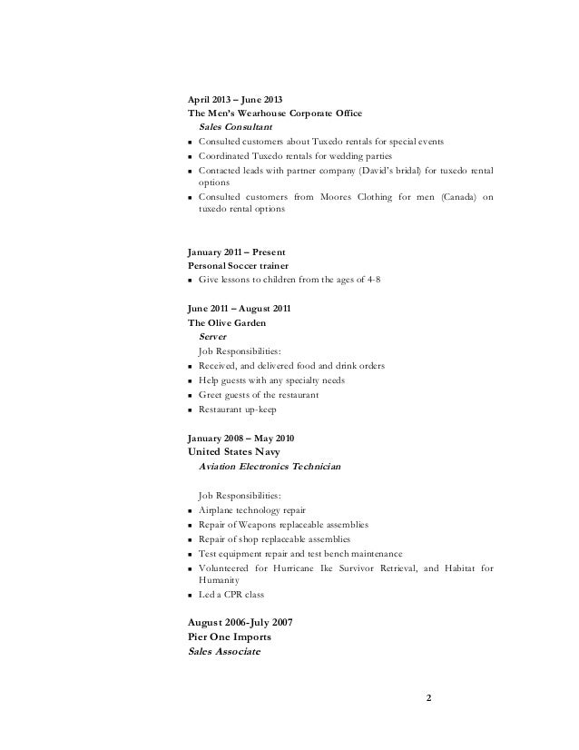 server responsibilities resume