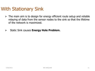 With Stationary Sink
 The main aim is to design for energy efficient route setup and reliable
relaying of data from the sensor nodes to the sink so that the lifetime
of the network is maximized.
 Static Sink causes Energy Hole Problem.
7/30/2015 11MD ARQUAM
 