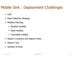 Mobile Sink : Deployment Challenges
 Cost
 Data Collection Strategy
 Mobility Planning
 Random mobility
 fixed mobility,
 Controlled mobility
 Sojourn Locations and sojourn times
 Sojourn Tour
 Number of sinks
7/30/2015 MD ARQUAM 14
 