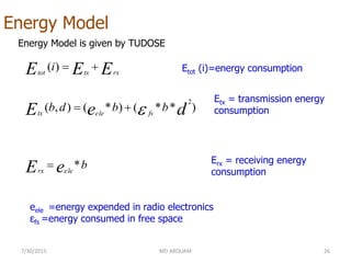 Energy Model
7/30/2015 MD ARQUAM 26
b
bbdb
i
eE
deE
EEE
elerx
fseletx
rxtxtot
*
)**()*(),(
)(
2




Etot (i)=energy consumption
Etx = transmission energy
consumption
Erx = receiving energy
consumption
eele =energy expended in radio electronics
εfs =energy consumed in free space
Energy Model is given by TUDOSE
 