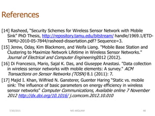 References
[14] Rasheed, “Security Schemes for Wireless Sensor Network with Mobile
Sink” PhD Thesis, http://repository.tamu.edu/bitstream/ handle/1969.1/ETD-
TAMU-2010-05-7844/rasheed-dissertation.pdf? Sequence=3.
[15] Jerew, Oday, Kim Blackmore, and Weifa Liang. "Mobile Base Station and
Clustering to Maximize Network Lifetime in Wireless Sensor Networks."
Journal of Electrical and Computer Engineering2012 (2012).
[16] Di Francesco, Mario, Sajal K. Das, and Giuseppe Anastasi. "Data collection
in wireless sensor networks with mobile elements: A survey." ACM
Transactions on Sensor Networks (TOSN) 8.1 (2011): 7.
[17] Majid I. Khan, Wilfried N. Gansterer, Guenter Haring “Static vs. mobile
sink: The influence of basic parameters on energy efficiency in wireless
sensor networks” Computer Communications, Available online 7 November
2012 http://dx.doi.org/10.1016/ j.comcom.2012.10.010
7/30/2015 MD ARQUAM 48
 