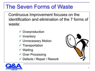 1
The Seven Forms of Waste
Continuous Improvement focuses on the
identification and elimination of the 7 forms of
waste:
 Overproduction
 Inventory
 Unnecessary Motion
 Transportation
 Waiting
 Over Processing
 Defects / Repair / Rework
 