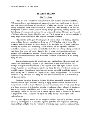 TREATING TRAUMA IN THE TEEN BRAIN 1
TREATING TRAUMA
The Teen Brain
There has been a lot of recent work on the teen brain. We now have the use of MRIs,
PET scans, and super scans that can create images of the teen brain. Adolescence is a time of
huge brain growth and changes when a multitude of wiring and complex events occur. Synaptic
pruning, deployment of the prefrontal cortex, is a major event. Also occurring at this time are
developments in impulse control, decision making, thought processing, planning, memory, and
the balancing of hormones and emotions that are surging and soaring. The major growth period
of the brain is between the ages 13 and 26 years old. This is also the age at which the majority of
young people begin to experiment with marijuana and other substances.
The prefrontal cortex goes thru a huge growth spurt at which point thinking, rather than
acting on things, becomes part of its job. By the age of 17, 80% of the brain is almost fully
developed. Cells are activated as children engage in life. The major tasks of young people and
how they will do these tasks in unfolding. Mood, attention, and the importance of impulse
control based on mood and hormones are part of this task. Problem solving is being learned and
built during these years. It is a very vulnerable time for young people due to fluctuation of
hormone levels and emerging sexuality. Synaptic events are common and the brain is just
beginning to connect myelination in the frontal lobe. Judgment around choices in life develop
during this time.
Research has shown that girls develop two years ahead of boys. All of this growth will
continue until approximately 26 years of age. How trauma is going to be dealt with also
develops in the part of the brain known as the Amygdala as the fight, flight, or freeze instincts
emerge. Addiction is a learned response developing during this time as the brain is learning an
incredible amount. Some of these young brains are already susceptible to addiction through
genetic coding and DNA factors and Epigenetics (see chapter on Epigenetics). The teen brain is
vulnerable to any substances used during this time, because substance use (even recreational)
will leave an imprint.
Marijuana has a huge impact on the brain. The brain has cannabis receptor sites and
marijuana use will impact those sites. Memory is hugely affected at a time when the brain is
trying to learn as much as it can. The brain responds to substances in the reward center. Images
have shown how areas of the brain light up in the reward center when a substance is introduced.
Risk taking is a major task children have to learn to work thru adolescents. The ability to
acknowledge choices and make decisions is another important factor as information gets moved
to the prefrontal cortex. Marijuana will impair this ability having a major impact on the
prefrontal cortex.
It is also important to note that the Amygdala is hugely impacted by marijuana. As noted
previously, the Amygdala is an incredibly important part of the brain responsible for handling
trauma and fight or flight. It is also responsible for releasing major chemicals such as cortisol,
 