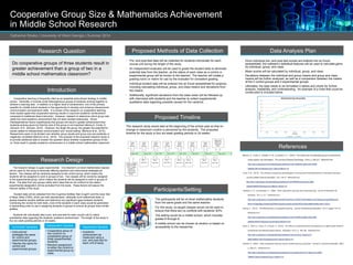 Cooperative Group Size & Mathematics Achievement
in Middle School Research
Catherine Straka | University of West Georgia | Summer 2014
Research Question
Do cooperative groups of three students result in
greater achievement than a group of two in a
middle school mathematics classroom?
Introduction
Cooperative learning is frequently cited as an essential instructional strategy in middle
school. Generally, it involves small heterogeneous groups of students working together to
achieve a learning task. In addition to a higher level of achievement, one of the primary
benefits for middle school students is the opportunity to develop and enhance interpersonal
communication and teamwork skills. In a review of the research on cooperative learning,
most studies agree that cooperative learning results in improved academic achievement
compared to traditional direct instruction. However, research to determine which group size
yields the most academic achievement has not been studied extensively. Social
interdependence theory hypothesizes that groups will result in greater achievement than
students working alone but that the size of the group is not important (Bertucci, Conte, D.
Johnson, & R. Johnson, 2010). However, the larger the group, the greater the potential for
issues related to interpersonal communication and “social loafing” (Bertucci et al., 2010).
Researchers seem to be divided over whether group results and group size are positively or
negatively correlated (Bertucci et al., 2010). The purpose of the proposed research study is
to provide additional data to answer the question about whether cooperative groups of two
vs. three result in greater academic achievement in a middle school mathematics classroom.
Research Design
Controlled Variables
• Instructional
strategies the same
for control and
experimental groups.
• Teacher the same for
control and
experimental groups.
Independent Variable
• Cooperative group of
two (control) vs.
cooperative group of
three (experimental)
students.
• Random assignment
to either the control or
experimental group by
class.
Dependent Variable
• Academic
achievement as
measured using a
pre- and post-test for
each unit of study.
Proposed Methods of Data Collection
Proposed Timeline
Participants/Setting
• The participants will be on-level mathematics students
from the same grade and the same teacher.
• For this study, co-taught classes would not be used to
ensure that there are no conflicts with students’ IEPs.
• The setting would be a middle school, which includes
grades 6 through 8.
• A middle school can be chosen at random or based on
accessibility to the researcher.
Data Analysis Plan
• Once individual pre- and post-test scores are entered into an Excel
spreadsheet, the software’s statistical features will be used to calculate gains
by individual, group, and class.
• Mean scores will be calculated by individual, group, and class.
• Deviations between the individual and group means and group and class
means will be further analyzed, as well as a comparison between the means
of the 2 control groups and 2 experimental groups.
• Ultimately, the data needs to be formatted in tables and charts for further
analysis, readability, and understanding. An example of a chart that could be
constructed is included below.
References
Bertucci, A., Conte, S., Johnson, D. W., & Johnson, R. T. (2010). The impact size of cooperative group on achievement,
social support, and self-esteem. The Journal of General Psychology, 137(3), p. 256-272. Retrieved from
http://eds.b.ebscohost.com/eds/pdfviewer/pdfviewer?sid=378603dc-8aeb-4423-90d9-
0a682a758f1e%40sessionmgr115&vid=3&hid=115
Coca, D. M. (2013). The influence of teaching methodologies in the learning of thermodynamics in secondary education.
Journal of Baltic Science Education, 12(1), 59-72. Retrieved from
http://eds.b.ebscohost.com/eds/pdfviewer/pdfviewer?sid=0f4f2534-8cbd-4dcd-a64f-
34eae54df69f%40sessionmgr198&vid=7&hid=116
Hampton, D. R., & Grudnitski, G. (1996). Does cooperative learning mean equal learning? Journal of Education for
Business, 72(1), p. 5-7. Retrieved from
http://eds.a.ebscohost.com/eds/detail?sid=f67e72df-0ce7-47f6-87754d7c66901a1b%40sessionmgr4002&vid=8
&hid=4103&bdata=JnNpdGU9ZWRzLWxpdmUmc2NvcGU9c2l0ZQ%3d%3d#db=bth&A=9612132721
Hsiung, C. (2012). The effectiveness of cooperative learning. Journal of Engineering Education, 101(1), pages 119-137.
Retrieved from
http://eds.a.ebscohost.com/eds/pdfviewer/pdfviewer?sid=818b87c9-e960-42b5-9d36
a60ff32245e2%40sessionmgr4004&vid=6&hid=4103
Kose, S., Sahin, A., Ergun, A., & Gezer, K. (2010). The effects of cooperative learning experience on eighth grade students’
achievement and attitude toward science. Education 131(1), p. 169-180. Retrieved from
http://eds.b.ebscohost.com/eds/pdfviewer/pdfviewer?sid=ef1dd1b1-6ee6-4c7d
8d857986351352c3%40sessionmgr112&vid=7&hid=115
Yamarik, S. (2007). Does cooperative learning improve student learning outcomes? Journal of Economic Education, 38(3),
p. 259-277. Retrieved from
http://eds.b.ebscohost.com/eds/pdfviewer/pdfviewer?vid=3&sid=ef1dd1b1-6ee6-4c7d-8d85-
7986351352c3%40sessionmgr112&hid=115
• Pre- and post-test data will be collected for students individually for each
course unit during the length of the study.
• An independent evaluator will be used to grade the student tests to eliminate
potential bias from the teacher, as the status of each class as a control or
experimental group will be known to the teacher. The teacher will create a
grading rubric or matrix for use by the evaluator for consistent grading.
• Individual student data will be entered into an Excel spreadsheet for analysis,
including calculating individual, group, and class means and deviations from
the means.
• Additionally, significant deviations from the class mean will be followed up
with interviews with students and the teacher to collect supplemental
qualitative data regarding possible causes for the variance.
The research design is quasi experimental. One teacher’s on-level mathematics classes
will be used for the study to eliminate differing teachers and instructional strategies as
factors. Two classes will be randomly assigned to the control group, which means the
students will be assigned to work in groups of two. Two classes will be randomly assigned
to the experimental group, which means the students will be assigned to work in groups of
three. The data from any groups within each class that do not conform to the class’s
experimental designation will be excluded from the study. These factors will assure the
internal validity of the study.
Student data will be collected from the Cognitive Abilities Test (CogAT) and the Iowa Test
of Basic Skills (ITBS), which are both standardized, nationally norm-referenced tests, to
assess baseline student abilities and determine any significant gaps between students.
Combining the scores for both tests, a list of the students in each class would be generated
in descending order to use in assigning students to groups to ensure all groups have similar
abilities.
Students will individually take a pre- and post-test for each course unit to collect
quantitative data regarding the students’ academic achievement. The length of the study is
four six-week grading periods or 24 weeks.
The research study would start at the beginning of the school year so that no
change in classroom routine is perceived by the students. The proposed
timeline for the study is four six-week grading periods or 24 weeks.
30
32
34
36
38
40
42
44
46
48
Test 1 Test 2 Test 3 Test 4 Test 5 Test 6 Test 7
CorrectAnswers
Post-Tests
Achievement by Group Size
Group of 2 Group of 3
 