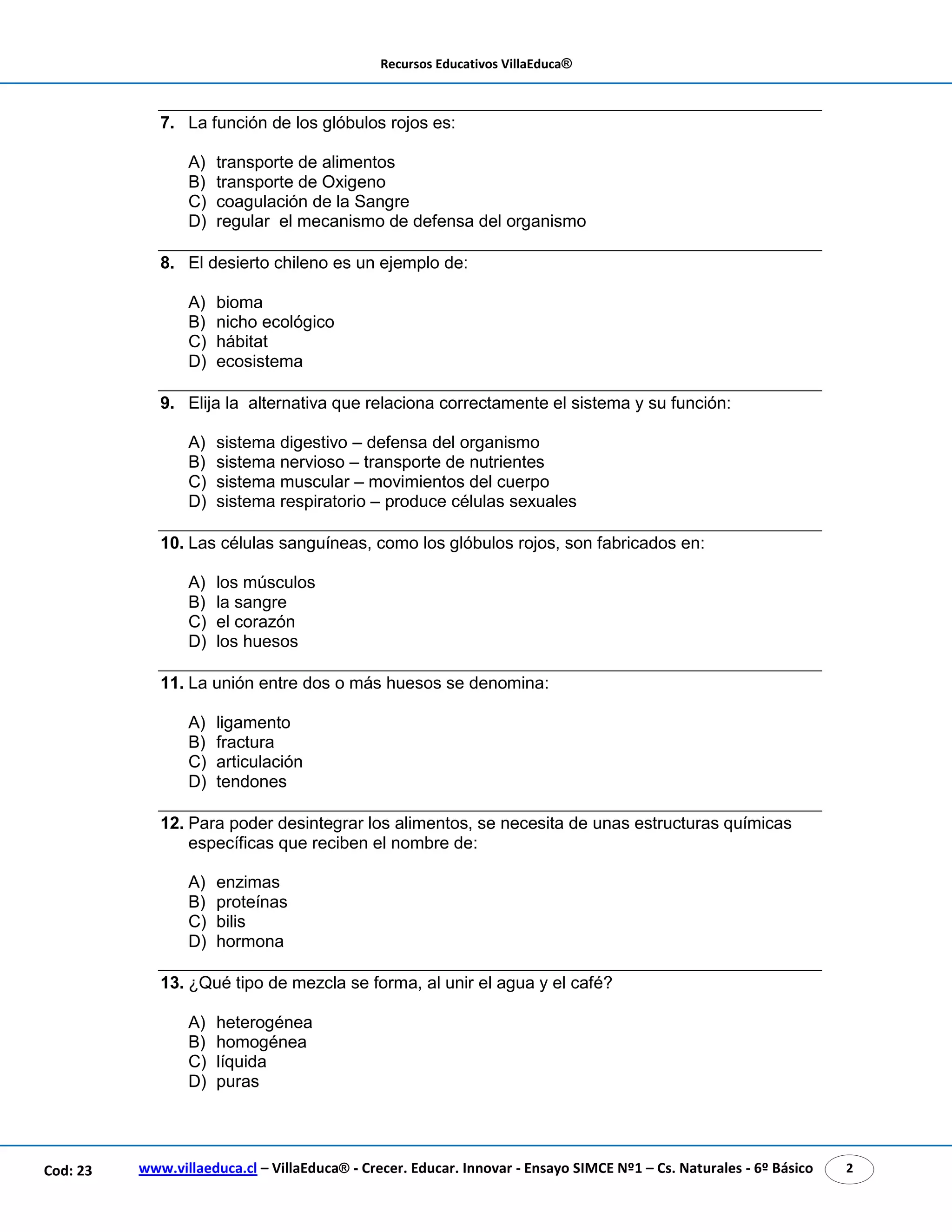 Recursos Educativos VillaEduca® 
7. La función de los glóbulos rojos es: 
A) transporte de alimentos 
B) transporte de Oxigeno 
C) coagulación de la Sangre 
D) regular el mecanismo de defensa del organismo 
8. El desierto chileno es un ejemplo de: 
A) bioma 
B) nicho ecológico 
C) hábitat 
D) ecosistema 
9. Elija la alternativa que relaciona correctamente el sistema y su función: 
A) sistema digestivo – defensa del organismo 
B) sistema nervioso – transporte de nutrientes 
C) sistema muscular – movimientos del cuerpo 
D) sistema respiratorio – produce células sexuales 
10. Las células sanguíneas, como los glóbulos rojos, son fabricados en: 
A) los músculos 
B) la sangre 
C) el corazón 
D) los huesos 
11. La unión entre dos o más huesos se denomina: 
A) ligamento 
B) fractura 
C) articulación 
D) tendones 
12. Para poder desintegrar los alimentos, se necesita de unas estructuras químicas 
específicas que reciben el nombre de: 
A) enzimas 
B) proteínas 
C) bilis 
D) hormona 
13. ¿Qué tipo de mezcla se forma, al unir el agua y el café? 
A) heterogénea 
B) homogénea 
C) líquida 
D) puras 
www.villaeduca.cl – VillaEduca® - Crecer. Educar. Innovar - Ensayo SIMCE Nº1 – Cod: 23 Cs. Naturales - 6º Básico 2 
 