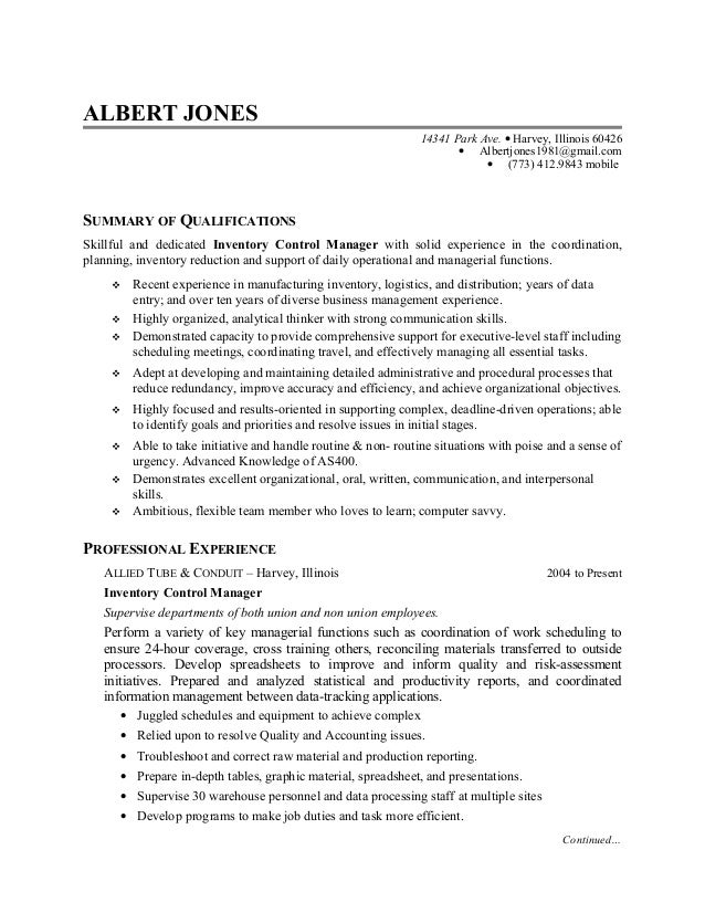 Inventory Manager Resume