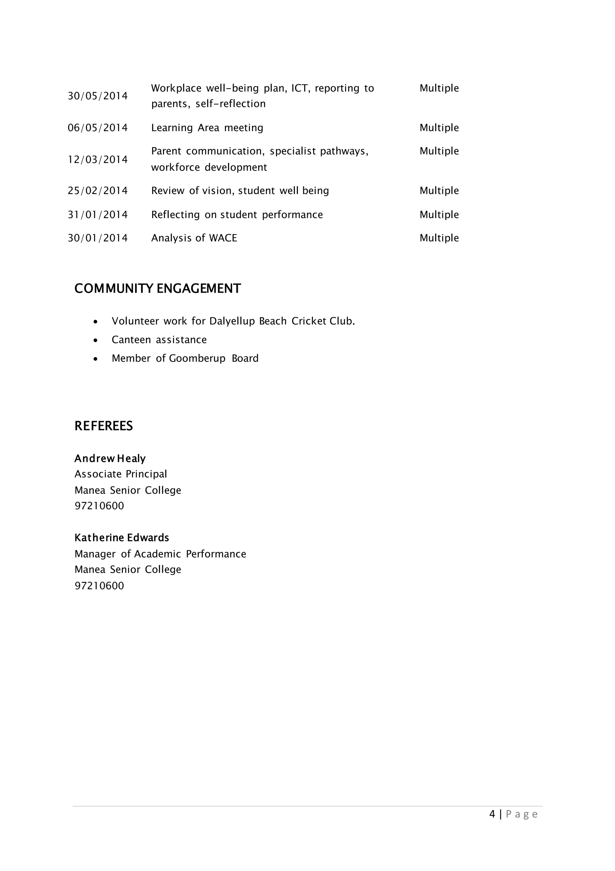 4 | P a g e
30/05/2014
Workplace well-being plan, ICT, reporting to
parents, self-reflection
Multiple
06/05/2014 Learning Area meeting Multiple
12/03/2014
Parent communication, specialist pathways,
workforce development
Multiple
25/02/2014 Review of vision, student well being Multiple
31/01/2014 Reflecting on student performance Multiple
30/01/2014 Analysis of WACE Multiple
COMMUNITY ENGAGEMENT
 Volunteer work for Dalyellup Beach Cricket Club.
 Canteen assistance
 Member of Goomberup Board
REFEREES
Andrew Healy
Associate Principal
Manea Senior College
97210600
Katherine Edwards
Manager of Academic Performance
Manea Senior College
97210600
 