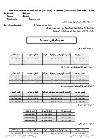 ً‫اىثاق‬ ‫ػثذ‬ ‫اىضُذ‬ ً‫ػي‬ ‫ٍحَذ‬ / ‫ٍضُى‬ ‫اػذاد‬11‫اىَشرشمح‬ ‫اىثاّىَح‬ ‫اىَحاصْح‬ ‫تَذسصح‬ ‫اىفشّضُح‬ ‫اىيغح‬ ‫ٍذسس‬
( ‫اٌٍّى١ح‬ ‫طفاخ‬ : ‫ٍِذٛظح‬mon - ton - son( ِٓ ‫تذال‬ َ‫ذضرخذ‬ )ma – ta- sa‫اٌّفشد‬ ُ‫االص‬ َ‫أِا‬ ). ‫ِرذشن‬ ‫تذشف‬ ‫اٌّثذٚء‬ ‫اٌّؤٔث‬
Ex: Ma école. - Mon école.
Ta amie. - Ton amie.
Sa université. - Son université.
2–. ‫اٌّاٌه‬ ‫ٌٚ١ش‬ ‫اٌٍّّٛن‬ ‫ذرثغ‬ ‫اٌٍّى١ح‬ ‫طفح‬
Ex: 1- Ali prend sa règle. 2- Mona prend son livre .
-( ٌٟٚ‫األ‬ ‫اٌجٍّح‬ ٟ‫ف‬Saٍ‫ػ‬ ‫ذؼٛد‬ )ٛ٘ٚ ‫اٌٍّّٛن‬ ٟrègleٍٟ‫ػ‬ ‫ٌٚ١ش‬Ali
-( ‫اٌثأ١ح‬ ‫اٌجٍّح‬ ٟ‫ف‬Sonٍٟ‫ػ‬ ‫ذؼٛد‬ )Livreٍٟ‫ػ‬ ‫ٌٚ١ش‬Mona
1-:ً‫ه‬ ‫اىَؼشفح‬ ‫ادواخ‬
2-:ً‫(فً/اىً)ه‬ ًْ‫تَؼ‬ ‫اىَضغَح‬ ‫اىَؼشفح‬ ‫ادواخ‬
3-:ً‫تَؼًْ(ٍِ/ػِ)ه‬ ‫اىَضغَح‬ ‫اىَؼشفح‬ ‫ادواخ‬
4-: ً‫ه‬ ‫اىْنشج‬ ‫ادواخ‬
5-:ً‫ه‬ ‫اىردزئح‬ ‫ادواخ‬
‫اٌّزوش‬ ‫ٌٍّفش‬ ‫اٌّؤٔس‬ ‫ٌٍّفشد‬ ‫ِرذشن‬ ‫تذشف‬ ‫ِثذٚء‬ ٗ١‫تٕٛػ‬ ‫ٌٍّفشد‬ ٗ١‫تٕٛػ‬ ‫ٌٍجّغ‬
………….. ………….. ………….. …………..
………….. ………….. ………….. …………..
………….. ………….. ………….. …………..
‫اٌّزوش‬ ‫ٌٍّفش‬ ‫اٌّؤٔس‬ ‫ٌٍّفشد‬ ‫ِرذشن‬ ‫تذشف‬ ‫ِثذٚء‬ ٗ١‫تٕٛػ‬ ‫ٌٍّفشد‬ ٗ١‫تٕٛػ‬ ‫ٌٍجّغ‬
………….. ………….. ………….. …………..
………….. ………….. ………….. …………..
………….. ………….. ………….. …………..
‫اٌّزوش‬ ‫ٌٍّفش‬ ‫اٌّؤٔس‬ ‫ٌٍّفشد‬ ‫ِرذشن‬ ‫تذشف‬ ‫ِثذٚء‬ ٗ١‫تٕٛػ‬ ‫ٌٍّفشد‬ ٗ١‫تٕٛػ‬ ‫ٌٍجّغ‬
………….. ………….. ………….. …………..
………….. ………….. ………….. …………..
………….. ………….. ………….. …………..
‫ٌٍّفش‬‫د‬‫اٌّزوش‬ ‫اٌّؤٔس‬ ‫ٌٍّفشد‬ ‫ٌٍجّغ‬ٗ١‫تٕٛػ‬
………….. ………….. …………..
………….. ………….. …………..
………….. ………….. …………..
‫اٌّزوش‬ ‫ٌٍّفش‬ ‫اٌّؤٔس‬ ‫ٌٍّفشد‬ ‫ِرذشن‬ ‫تذشف‬ ‫ِثذٚء‬ ٗ١‫تٕٛػ‬ ‫ٌٍّفشد‬ ٗ١‫تٕٛػ‬ ‫ٌٍجّغ‬
………….. ………….. ………….. …………..
‫اٌّذذداخ‬ ٍٝ‫ػ‬ ‫ذّش٠ٕاخ‬
 