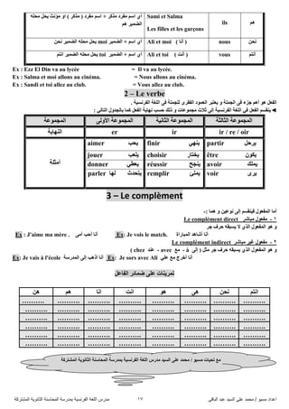ً‫اىثاق‬ ‫ػثذ‬ ‫اىضُذ‬ ً‫ػي‬ ‫ٍحَذ‬ / ‫ٍضُى‬ ‫اػذاد‬17‫اىَشرشمح‬ ‫اىثاّىَح‬ ‫اىَحاصْح‬ ‫تَذسصح‬ ‫اىفشّضُح‬ ‫اىيغح‬ ‫ٍذسس‬
ٍٗ‫ِذ‬ ً‫٠ذ‬ ‫ِؤٔس‬ ٚ‫ا‬ ) ‫ِزوش‬ ( ‫ِفشد‬ ُ‫اع‬ + ‫ِزوش‬ ‫ِفشد‬ ُ‫اع‬ ٞ‫أ‬
ُ٘ ‫اٌضّ١ش‬
Sami et Salma
Les filles et les garçons
ils ُ٘
‫اٌضّ١ش‬ + ُ‫اع‬ ٞ‫أ‬moiٓ‫ٔذ‬ ‫اٌضّ١ش‬ ٍٗ‫ِذ‬ ً‫٠ذ‬ Ali et moi ) ‫أٔا‬ ( nous ٓ‫ٔذ‬
‫اٌضّ١ش‬ + ُ‫اع‬ ٞ‫أ‬toiُ‫أر‬ ‫اٌضّ١ش‬ ٍٗ‫ِذ‬ ً‫٠ذ‬ Ali et toi ) ‫أٔد‬ ( vous ُ‫أٔر‬
Ex : Ezz El Din va au lycée = Il va au lycée.
Ex : Salma et moi allons au cinéma. = Nous allons au cinéma.
Ex : Sandi et toi allez au club. = Vous allez au club.
2 – Le verbe
‫اٌفشٔغ١ح‬ ‫اٌٍغح‬ ٝ‫ف‬ ‫ٌٍجٍّح‬ ٜ‫اٌفمش‬ ‫اٌؼّٛد‬ ‫٠ؼرثش‬ ٚ ‫اٌجٍّح‬ ٝ‫ف‬ ‫جضء‬ ُ٘‫أ‬ ٛ٘ ً‫اٌفؼ‬.
◄ٌٟ‫اٌرا‬ ‫تاٌجذٚي‬ ‫وّا‬ ً‫اٌفؼ‬ ‫ٔٙا٠ح‬ ‫دغة‬ ‫رٌه‬ ٚ ‫ِجّٛػاخ‬ ‫شالز‬ ٌٝ‫إ‬ ‫اٌفشٔغ١ح‬ ‫اٌٍغح‬ ٟ‫ف‬ ً‫اٌفؼ‬ ُ‫٠ٕمغ‬:
‫اٌّجّٛػح‬ ٌٝٚ‫األ‬ ‫اٌّجّٛػح‬ ‫اٌصأ١ح‬ ‫اٌّجّٛػح‬ ‫اٌصاٌصح‬ ‫اٌّجّٛػح‬
‫إٌٙا٠ح‬ er ir ir / re / oir
‫أِصٍح‬
aimer ‫٠ذة‬ finir ٟٕٙ٠ partir ً‫٠شد‬
jouer ‫٠ٍؼة‬ choisir ‫٠خراس‬ être ْٛ‫٠ى‬
donner ٟ‫٠ؼط‬ réussir ‫٠ٕجخ‬ avoir ‫٠ٍّه‬
parler ‫ٌٙا‬ ‫٠رذذز‬ remplir ‫٠ٍّئ‬ voir ٜ‫٠ش‬
3 – Le complèment
: ‫ّ٘ا‬ ٚ ٓ١‫ٔٛػ‬ ٌٝ‫إ‬ ُ‫ف١ٕمغ‬ ‫اٌّفؼٛي‬ ‫أِا‬-
1-‫ِثاشش‬ ‫ِفؼٛي‬Le complément direct
‫جش‬ ‫دشف‬ ٗ‫٠غثم‬ ‫ال‬ ٞ‫اٌز‬ ‫اٌّفؼٛي‬ ٛ٘ ٚ
Ex : J'aime ma mère . ِٝ‫أ‬ ‫أدة‬ ‫أٔا‬ Ex: Je vois le match. ‫اٌّثاساج‬ ‫أشا٘ذ‬ ‫أٔا‬
0-‫ِثاشش‬ ‫غ١ش‬ ‫ِفؼٛي‬Le complément indirect
ٌٝ‫إ‬ ( ً‫ِص‬ ‫جش‬ ‫دشف‬ ٗ‫٠غثم‬ ٞ‫اٌز‬ ‫اٌّفؼٛي‬ ٛ٘ ٚà-‫ِغ‬avec-‫ػٕذ‬chez)
Ex: Je vais à l'école ‫اٌّذسعح‬ ٌٝ‫إ‬ ‫أر٘ة‬ ‫أٔا‬ Ex: Je sors avec Ali ٍٟ‫ػ‬ ‫ِغ‬ ‫أخشض‬ ‫أٔا‬
ً‫اٌفاػ‬ ‫ضّائش‬ ٍٝ‫ػ‬ ‫ذّش٠ٕاخ‬
ٓ٘ ُ٘ ‫أا‬ ‫أد‬ ٛ٘ ٝ٘ ٓ‫ٔذ‬ ُ‫أر‬
………. ………. ………. ………. ………. ………. ………. ……….
………. ………. ………. ………. ………. ………. ………. ……….
………. ………. ………. ………. ………. ………. ………. ……….
………. ………. ………. ………. ………. ………. ………. ……….
………. ………. ………. ………. ………. ………. ………. ……….
………. ………. ………. ………. ………. ………. ………. ……….
/ ٛ١‫ِغ‬ ‫ذذ١اخ‬ ‫ِغ‬‫اٌٍغح‬ ‫ِذسط‬ ‫اٌغ١ذ‬ ٍٝ‫ػ‬ ‫ِذّذ‬‫اٌّشرشوح‬ ‫اٌصأٛ٠ح‬ ‫اٌّذاعٕح‬ ‫تّذسعح‬ ‫اٌفشٔغ١ح‬
 