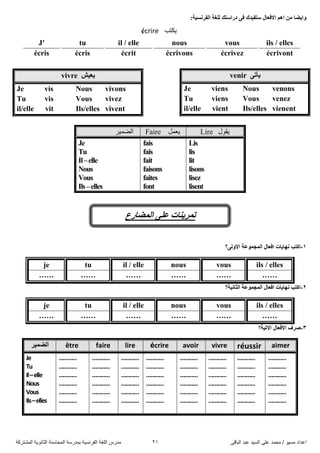 ً‫اىثاق‬ ‫ػثذ‬ ‫اىضُذ‬ ً‫ػي‬ ‫ٍحَذ‬ / ‫ٍضُى‬ ‫اػذاد‬21‫اىَشرشمح‬ ‫اىثاّىَح‬ ‫اىَحاصْح‬ ‫تَذسصح‬ ‫اىفشّضُح‬ ‫اىيغح‬ ‫ٍذسس‬
:‫اٌفشٔغ١ح‬ ‫ٌٍغح‬ ‫دساعره‬ ٝ‫ف‬ ‫عرف١ذن‬ ‫االفؼاي‬ ُ٘‫ا‬ ِٓ ‫ٚا٠ضا‬
‫الضمير‬ Faire ‫يعمل‬ Lire ‫يقول‬
Je
Tu
Il–elle
Nous
Vous
Ils–elles
fais
fais
fait
faisons
faites
font
Lis
lis
lit
lisons
lisez
lisent
1-‫اورة‬ٌٝٚ‫اال‬ ‫اٌّجّٛػح‬ ‫افؼاي‬ ‫ٔٙا٠اخ‬‫؟‬
ils / ellesvousnousil / elletuje
………………………………
0-‫اٌصأ١ح؟‬ ‫اٌّجّٛػح‬ ‫افؼاي‬ ‫ٔٙا٠اخ‬ ‫اورة‬
ils / ellesvousnousil / elletuje
………………………………
3-‫االذ١ح؟‬ ‫االفؼاي‬ ‫صشف‬
‫اٌضّ١ش‬ être faire lire écrire avoir vivre réussir aimer
Je
Tu
Il–elle
Nous
Vous
Ils–elles
…………
…………
…………
…………
…………
…………
…………
…………
…………
…………
…………
…………
…………
…………
…………
…………
…………
…………
…………
…………
…………
…………
…………
…………
…………
…………
…………
…………
…………
…………
…………
…………
…………
…………
…………
…………
…………
…………
…………
…………
…………
…………
…………
…………
…………
…………
…………
…………
écrire ‫َنرة‬
ils / ellesvousnousil / elletuJ'
écrivontécrivezécrivonsécritécrisécris
‫٠ؼ١ش‬vivre
Nous vivons
Vous vivez
Ils/elles vivent
Je vis
Tu vis
il/elle vit
ٝ‫٠أذ‬venir
Nous venons
Vous venez
Ils/elles vienent
Je viens
Tu viens
il/elle vient
‫اٌّضاسع‬ ٍٝ‫ػ‬ ‫ذّش٠ٕاخ‬
 