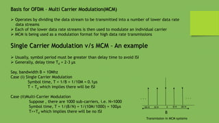 Basis for OFDM – Multi Carrier Modulation(MCM)
 Operates by dividing the data stream to be transmitted into a number of lower data rate
data streams
 Each of the lower data rate streams is then used to modulate an individual carrier
 MCM is being used as a modulation format for high data rate transmissions
Single Carrier Modulation v/s MCM – An example
 Usually, symbol period must be greater than delay time to avoid ISI
 Generally, delay time Td = 2-3 μs
Say, bandwidth B = 10Mhz
Case (i) Single Carrier Modulation
Symbol time, T = 1/B = 1/10M = 0.1μs
T < Td which implies there will be ISI
Case (ii)Multi-Carrier Modulation
Suppose , there are 1000 sub-carriers, i.e. N=1000
Symbol time, T = 1/(B/N) = 1/(10M/1000) = 100μs
T>>Td which implies there will be no ISI B
. . .. . .
Transmission in MCM systems
0 B/N 2B/N-B/N-2B/N
 