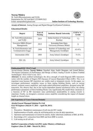 Neeraj Mishra
M. Tech (Microelectronics and VLSI)
Registration No: M.Tech/MeV/13534009/2015
Email: neerajrailtel@gmail.com Indian Institute of Technology Roorkee
Area(s) of Interest: Analog Design and Digital Design/Verification/Validation
Educational Details:
Degree Year of
Passing
Institute/ Board/ University CGPA/ % /
Grade
M. Tech (Microelectronics
and VLSI)
2015 Indian Institute of Technology
Roorkee
7.2
Executive MBA (Project
Management)
2012 Karnataka State Open
University (Distance Mode)
A
B. Tech (Electronics and
Communication Engg)
2008 Institute of Technology and
Management, Gorakhpur
65.45%
Intermediate (XII) 2003 Army School, Gorakhpur 75.2%
SSC (X) 2001 Army School, Gorakhpur 78%
Publication(IEEE VDAT Conf)
Arvind Kumar Sharma, Neeraj Mishra, Naushad Alam, Sudeb Dasgupta, and Anand Bulusu,
“Pre-layout Estimation of Performance and Design of Basic Analog Circuits in Stress Enabled
Technologies” IEEE VDAT Conf. 2015 .
Abstract: In stress enabled technologies the drive strength of multi-fingered (MF) transistors
varies with the number of fingers (NF) because of Layout Dependent Effect (LDE). This is an
important issue because MF transistors are widely used in integrated circuits. In this paper, we
investigate performance variability issues in basic analog building blocks, such as current
mirrors, common source amplifiers, and single ended differential amplifiers, designed using MF
transistors. We observe that, due to the layout dependent channel mechanical stress, the analog
performance parameters of these building blocks vary significantly.We model these variations as
a function of NF in MF transistors since performance predictability in analog circuits is
important. Finally, we designed a common source amplifier considering the impact of channel
length on channel stress.
Job Experience (5 Years-Telecom Domain)
Alcaltel Lucent Managed Solution Pvt Ltd
O & M Engineer (March 17, 2011 – April 30, 2013)
Roles:
1. Preventive / Breakdown maintenance of cell sites & OFC media.
2. Implementation of health, safety & well-being policy at sites & daily operations.
3. Operation and maintenance of switch for alarms, faults/ abnormal conditions of BSC & BTS.
4. Knowledge of E1 connection from DDF and from DDF to switch.
5. Call testing on all cell site.
RailTel Corporation of India Ltd (PSU under Ministry of Railways)
Engineer (June 25, 2008 – March 16, 2011)
 